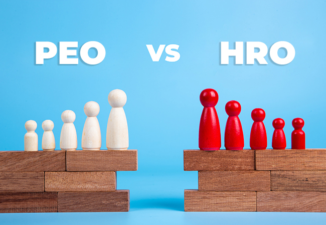 PEO vs HRO Which HR Solution Fits Your Business_ - PEOPayGo - PEOPayGo White and red peg figures stand on stacked wooden blocks labeled PEO and HRO, against a blue background, illustrating a comparison.