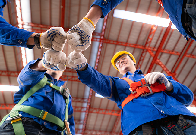 What Does OSHA Stand For_ OSHA Explained - PEOPayGo - PEOPayGo Team of workers in blue uniforms and safety gear fist-bumping to show teamwork in an industrial setting.