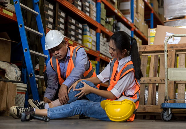 Explicación de las ventajas de Workers Compensation - PEOPayGo Two warehouse workers in safety vests sit on the floor; a man in a hard hat tends to the woman's injured knee as she sits with leg extended, yellow hard hat nearby.