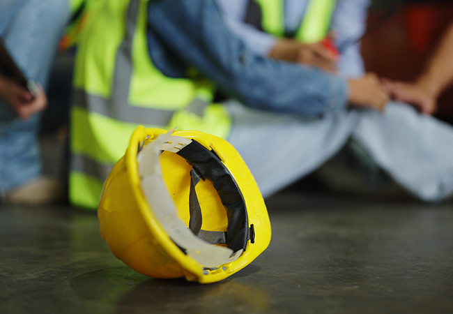7 Workers Comp Mistakes Small Businesses Must Avoid - PEOPayGo - PEOPayGo Yellow hard hat on a concrete floor with blurred construction workers wearing high-visibility vests in the background.