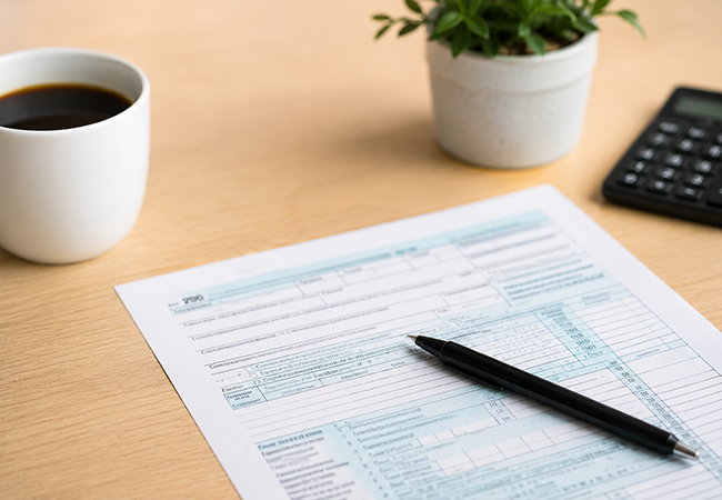 How to Calculate FUTA Tax - PEOPayGo Desk with a white coffee mug, small potted plant, calculator, and a printed form or spreadsheet on paper, with a black pen resting on it.