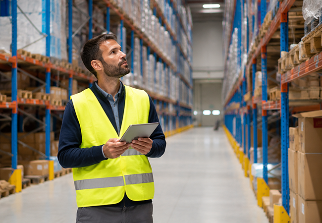 PEO risk management - PEOPayGo - PEOPayGo Warehouse worker in a neon yellow safety vest holds a tablet, inspecting tall shelves in a warehouse aisle.