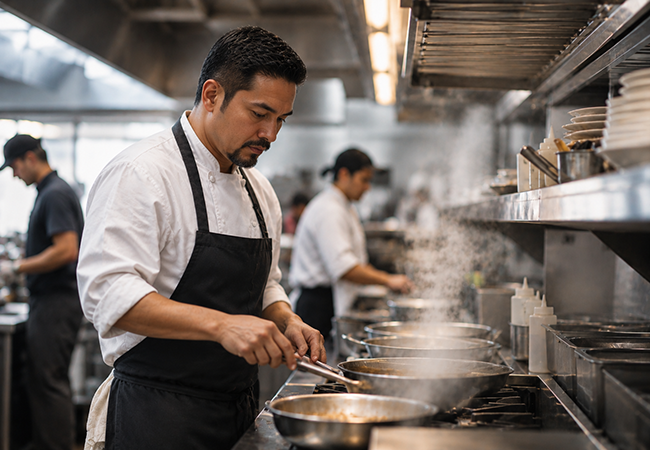 Workers comp for restaurants_ Cost and class codes explained - PEOPayGo Chef in white shirt and black apron sautés food in a busy professional kitchen with steam rising from pans