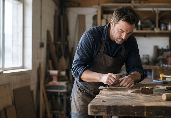 Workers comp insurance for self-employed - PEOPayGo - PEOPayGo Man wearing a denim shirt and brown apron shapes a piece of wood at a cluttered workbench in a woodworking shop
