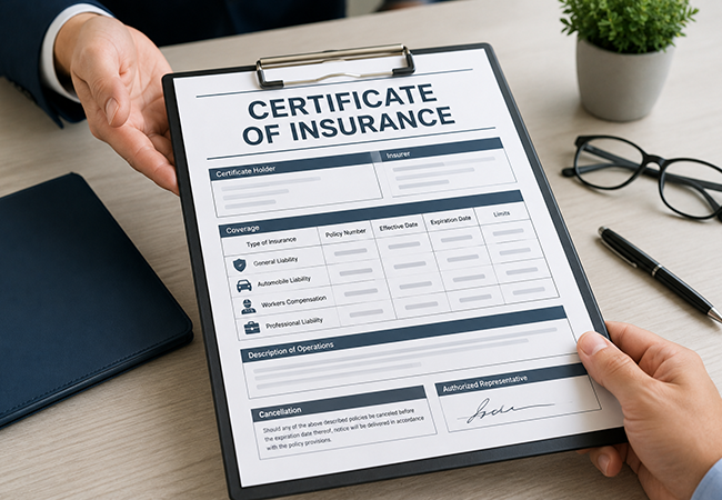 cómo obtener un certificado de seguro - PEOPayGo Clipboard displaying a Certificate of Insurance held by a person at a desk, ready for review