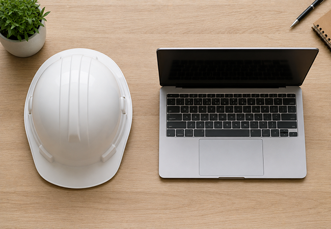 independent contractor vs sole proprietor - PEOPayGo White construction helmet beside an open laptop on a wooden desk, with a small potted plant nearby.