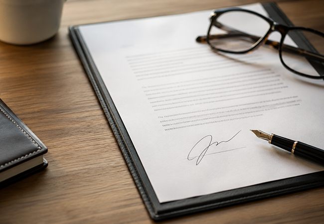 Qué es un acuerdo PEOPayGo Close-up of a signed contract in a leather folder on a wooden desk, with reading glasses and a fountain pen nearby.
