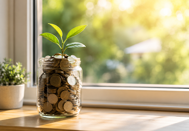 401k contribution limits 2026 - PEOPayGo - PEOPayGo Jar of coins on a windowsill with a small plant growing from the top, symbolizing savings growing over time in sunlight.