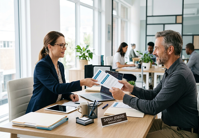 Certificate Holder vs Additional Insured - PEOPayGo - PEOPayGo Insurance agent Sarah Jenkins hands documents to a client across a desk in a bright, modern office.