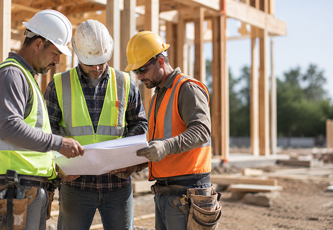 Construction Workers Comp - PEOPayGo - PEOPayGo Three construction workers in hard hats and safety vests review blueprints on an outdoor building site.