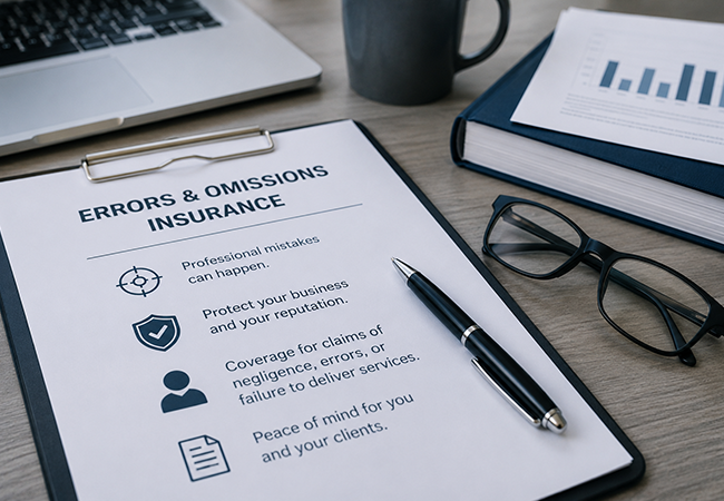 Errors and Omissions Insurance Cost - PEOPayGo - PEOPayGo Clipboard labeled 'Errors & Omissions Insurance' with a pen, glasses, laptop, and charts in an office setting, outlining policy benefits.