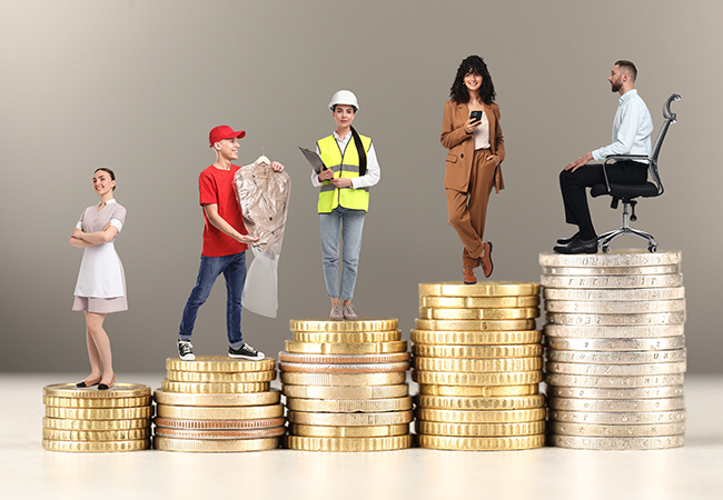 How much does a PEO cost - PEOPayGo - PEOPayGo People in different jobs standing on stacked coin piles of increasing height, illustrating a wealth or career ladder.