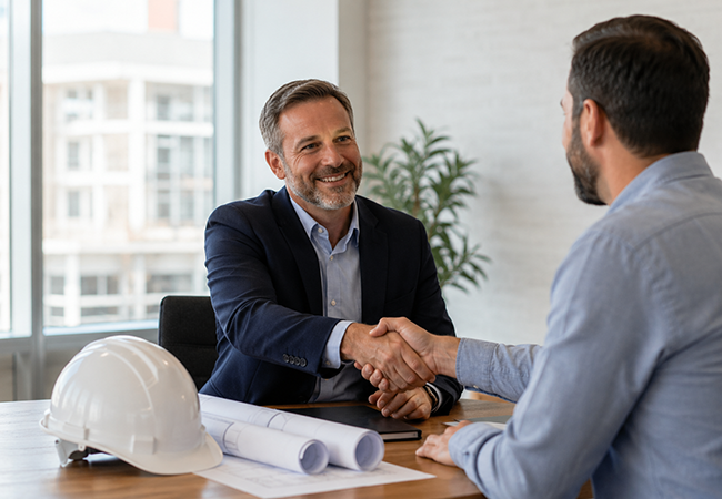 PEO for Construction - PEOPayGo - PEOPayGo Two businessmen shake hands across a desk with blueprints and a white safety helmet, signaling an agreement or deal.