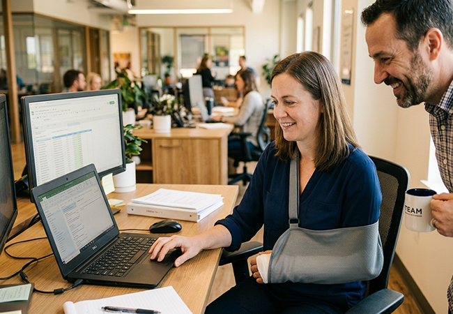 Programas de Regreso al Trabajo - PEOPayGo Woman at a desk using a laptop in an open-plan office while a smiling coworker leans in with a coffee mug nearby.