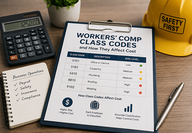 ¿Qué son los códigos de clase Workers Comp? - PEOPayGo Clipboard shows Workers' Comp class codes and risk levels with cost impact, on a desk with a calculator and a 'Safety First' hard hat nearby.