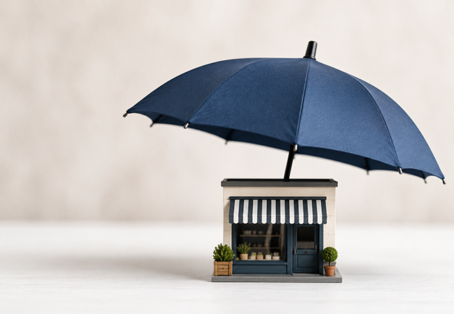 What Does a BOP Cover_ - PEOPayGo - PEOPayGo Tiny storefront model shaded by a large blue umbrella, with a striped awning and potted plants on a white surface.