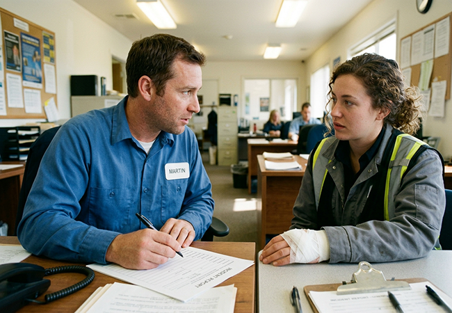 Qué hacer cuando un empleado se lesiona - PEOPayGo Man named Martin in a blue shirt speaks with a female coworker who has a cast on her left hand at a desk in an office, reviewing forms.