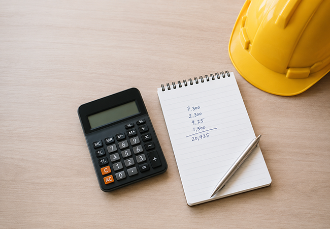 Workers comp cost calculator - PEOPayGo - PEOPayGo Calculator, a notebook with handwritten sums, a pen, and a yellow hard hat on a wooden desk.