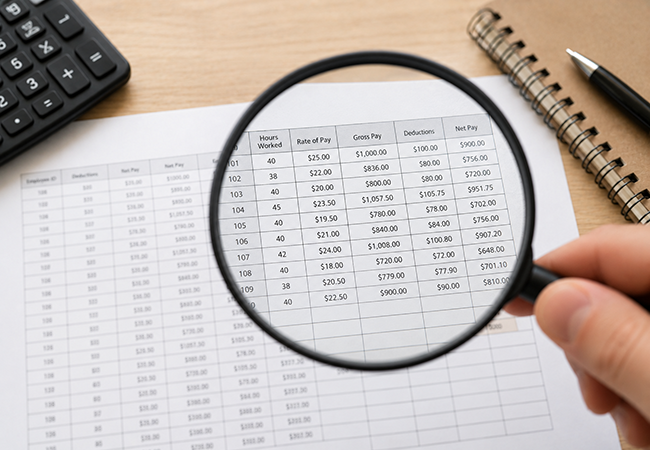 Auditoría de nóminas Workers comp - PEOPayGo Magnifying glass over a payroll spreadsheet showing hours worked, rates, gross pay and deductions, on a desk.