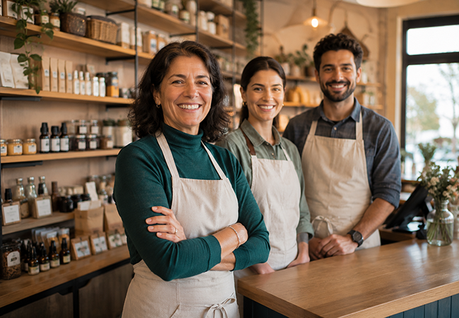 ¿Un propietario único puede tener empleados? Three shop employees wearing aprons, smiling at the camera behind a wooden counter.