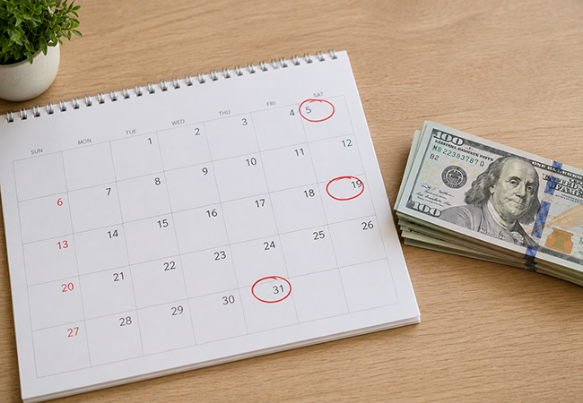 how many paychecks in a year - PEOPayGo Desk calendar on a wooden table with several dates circled in red and a stack of $100 bills nearby; a small potted plant sits in the corner.