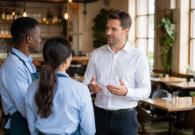 peo for restaurants - PEOPayGo - PEOPayGo Manager in a white shirt speaks with two restaurant servers in blue uniforms inside a warmly lit dining area.