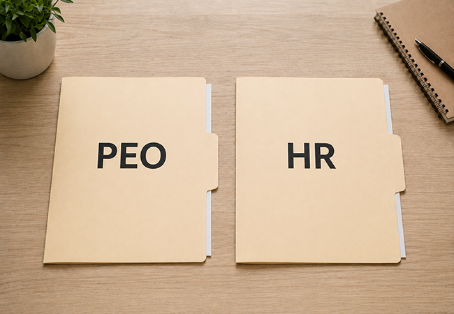 peo vs hro - PEOPayGo Two beige file folders labeled PEO and HR sit on a wooden desk, with a plant and notebook nearby.