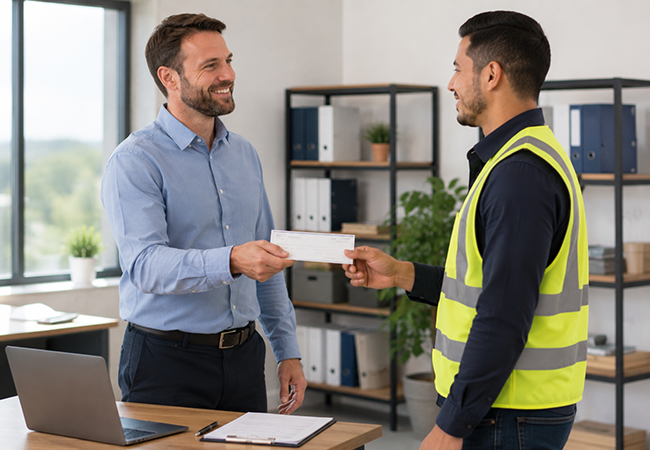 peo workers compensation - PEOPayGo - PEOPayGo Two men in an office exchange a check; one in a light blue shirt, the other in a high‑visibility vest shakes hands across a desk.