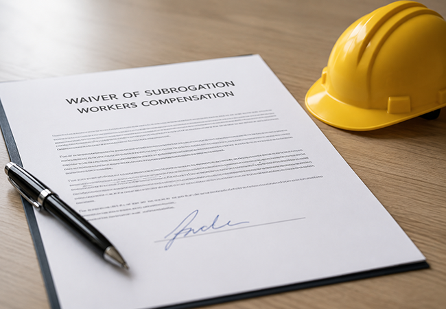 waiver of subrogation workers comp - PEOPayGo Document titled 'Waiver of Subrogation — Workers Compensation' on a desk, with a black pen and a yellow construction hard hat nearby.