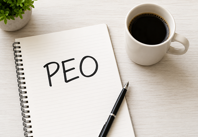 PEOPayGo Notebook on a light wood desk with 'PEO' written on the page, next to a black pen and a cup of coffee.