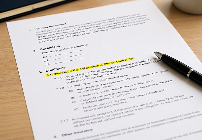 wos in insurance - PEOPayGo Close-up of an insurance agreement on a desk, with a black pen and a yellow highlight over the heading 'Duties in the Event of Occurrence, Offense, Claim or Suit'